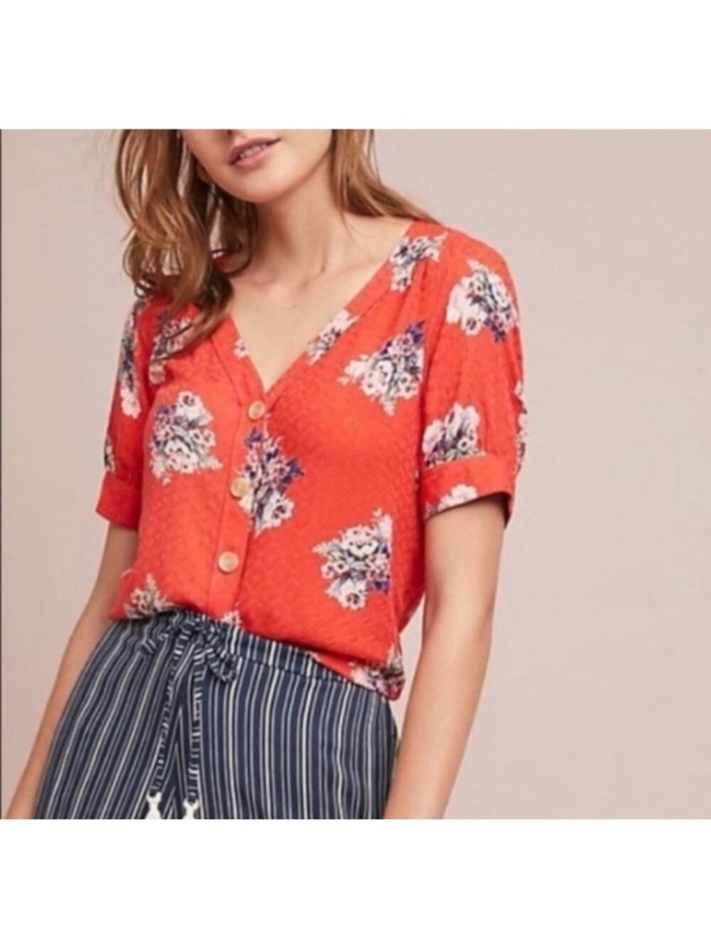 Maeve Coral Floral Button-Front Blouse